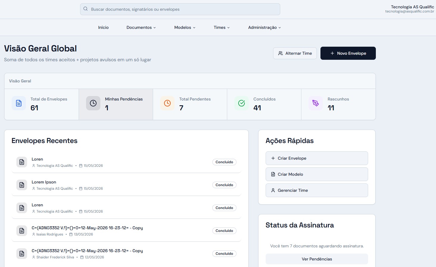Painel de controle do SignFlow com visão geral, envelopes recentes e status de assinaturas