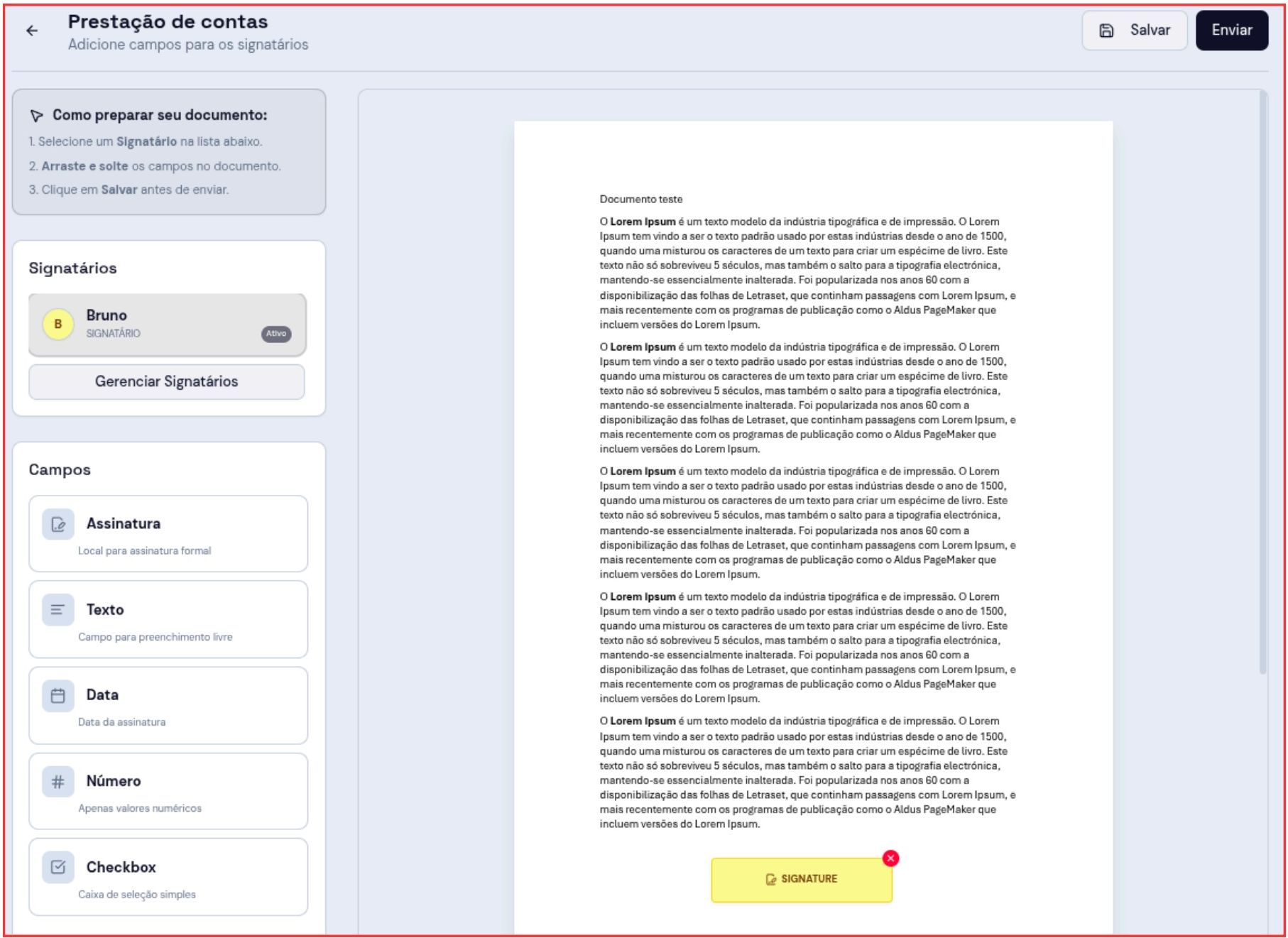 Editor de envelope SignFlow com signatários e campos arrastáveis